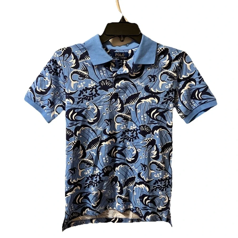 Polo Ralph Lauren Polo Shirt‎ Boys Sz M 10-12 Reef Print Cotton Mesh